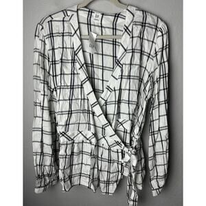 NWT GAP Plaid Wrap Top Size XL Black White Cotton V Neck Cute Career Peplum